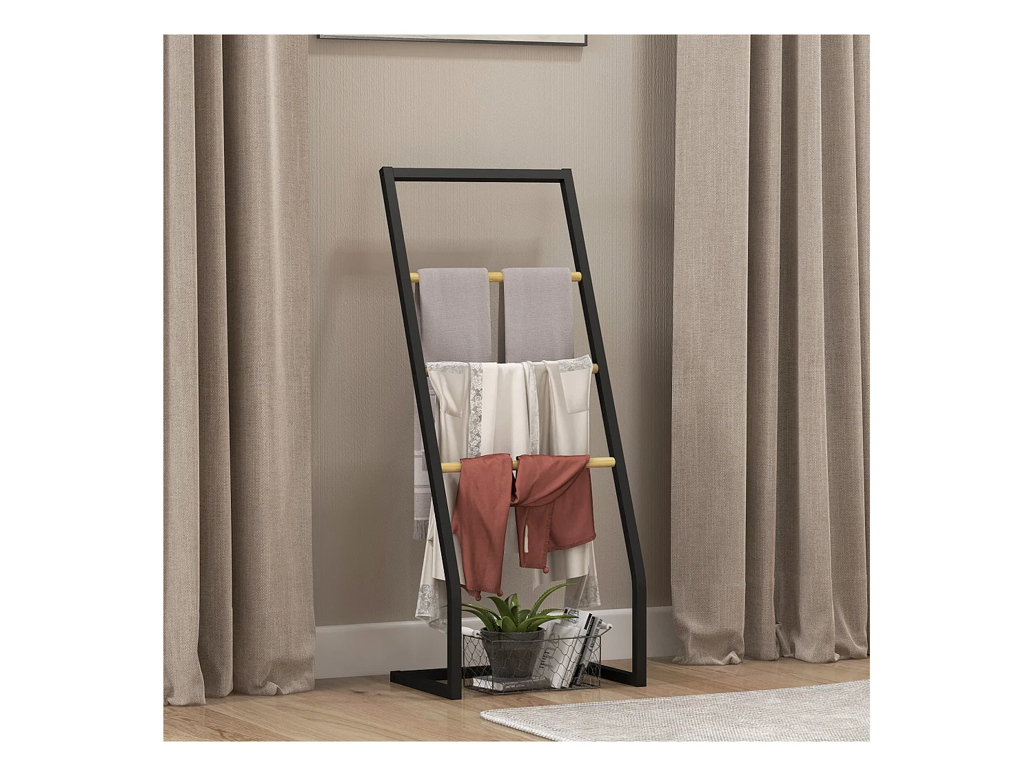Porte-serviettes sur pieds en bambou et acier avec 4 barres support 40,5L x 28l x 98H cm - noir et naturel