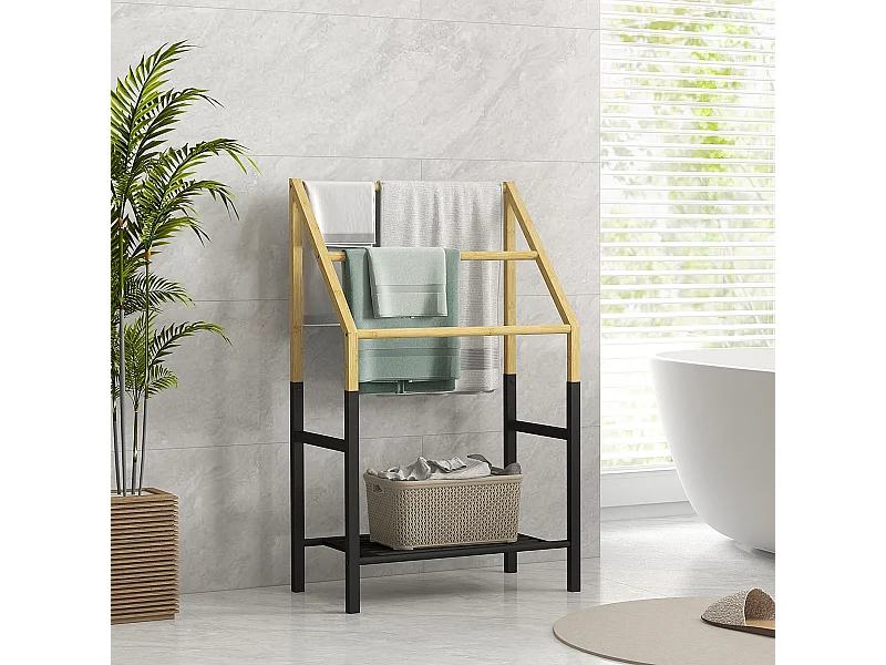 Porte-serviettes en bambou 3 barres et 1 étagère inférieure de rangement, 51l x 31P x 85,5H cm, finition bois naturel