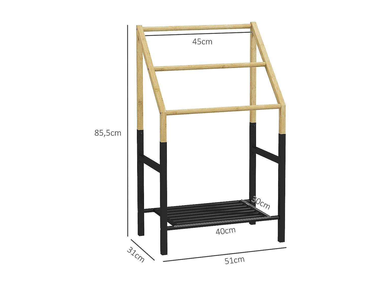 Porte-serviettes en bambou 3 barres et 1 étagère inférieure de rangement, 51l x 31P x 85,5H cm, finition bois naturel