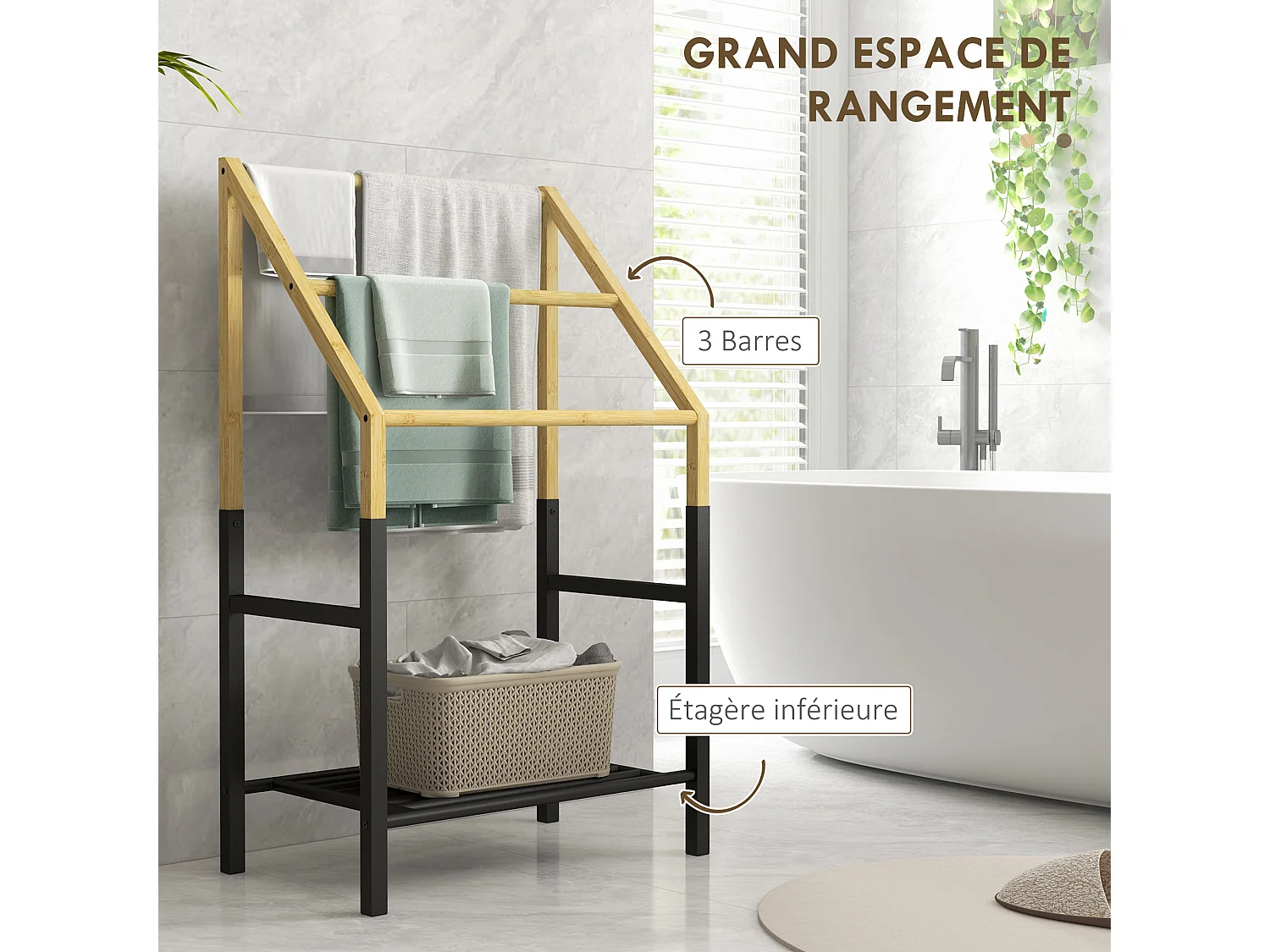 Porte-serviettes en bambou 3 barres et 1 étagère inférieure de rangement, 51l x 31P x 85,5H cm, finition bois naturel