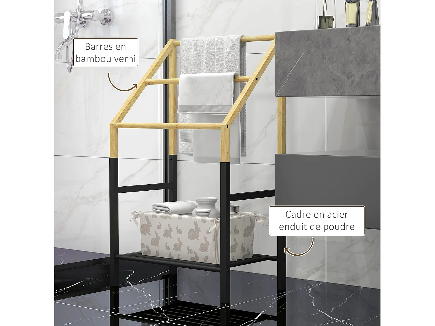 Porte-serviettes en bambou 3 barres et 1 étagère inférieure de rangement, 51l x 31P x 85,5H cm, finition bois naturel