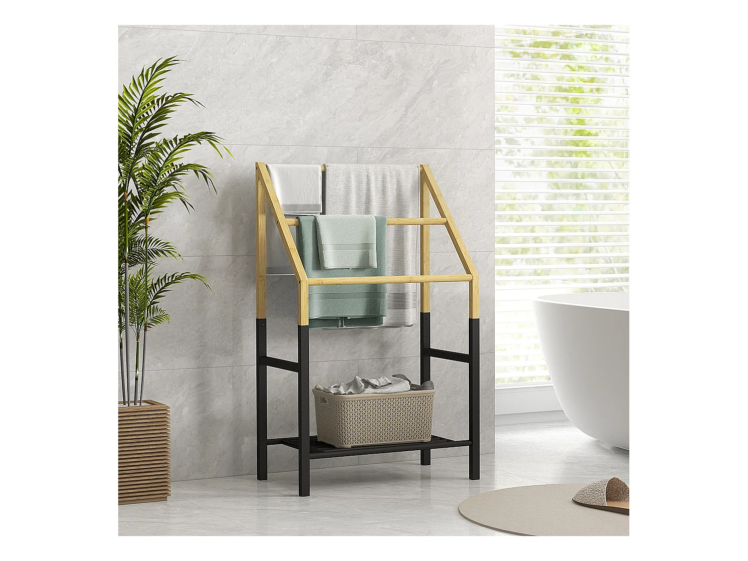Porte-serviettes en bambou 3 barres et 1 étagère inférieure de rangement, 51l x 31P x 85,5H cm, finition bois naturel
