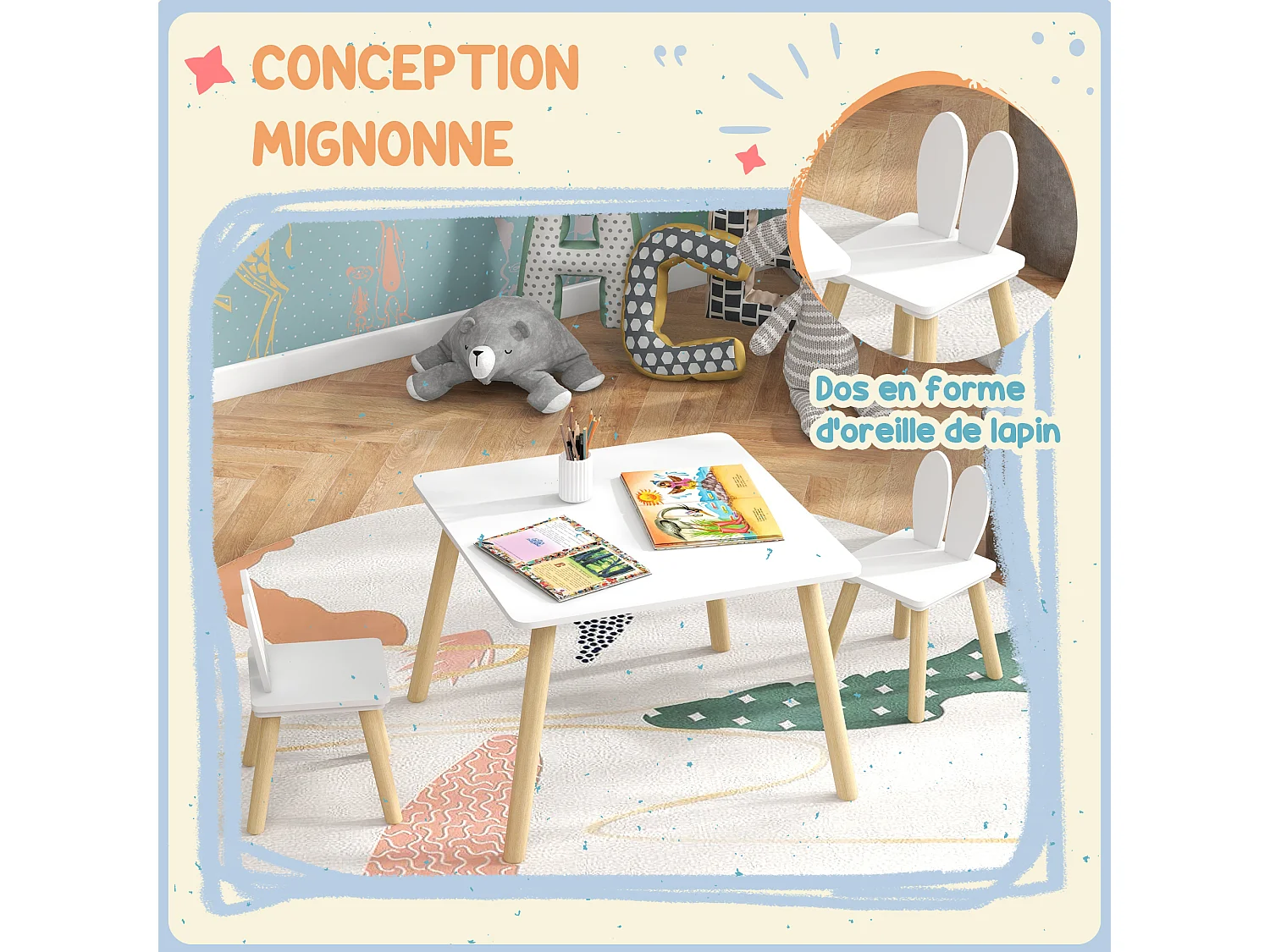 Ensemble table chaises enfant design lapin scandinave bois pin MDF blanc