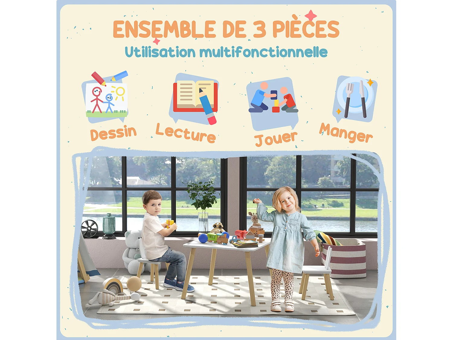 Ensemble table chaises enfant design lapin scandinave bois pin MDF blanc