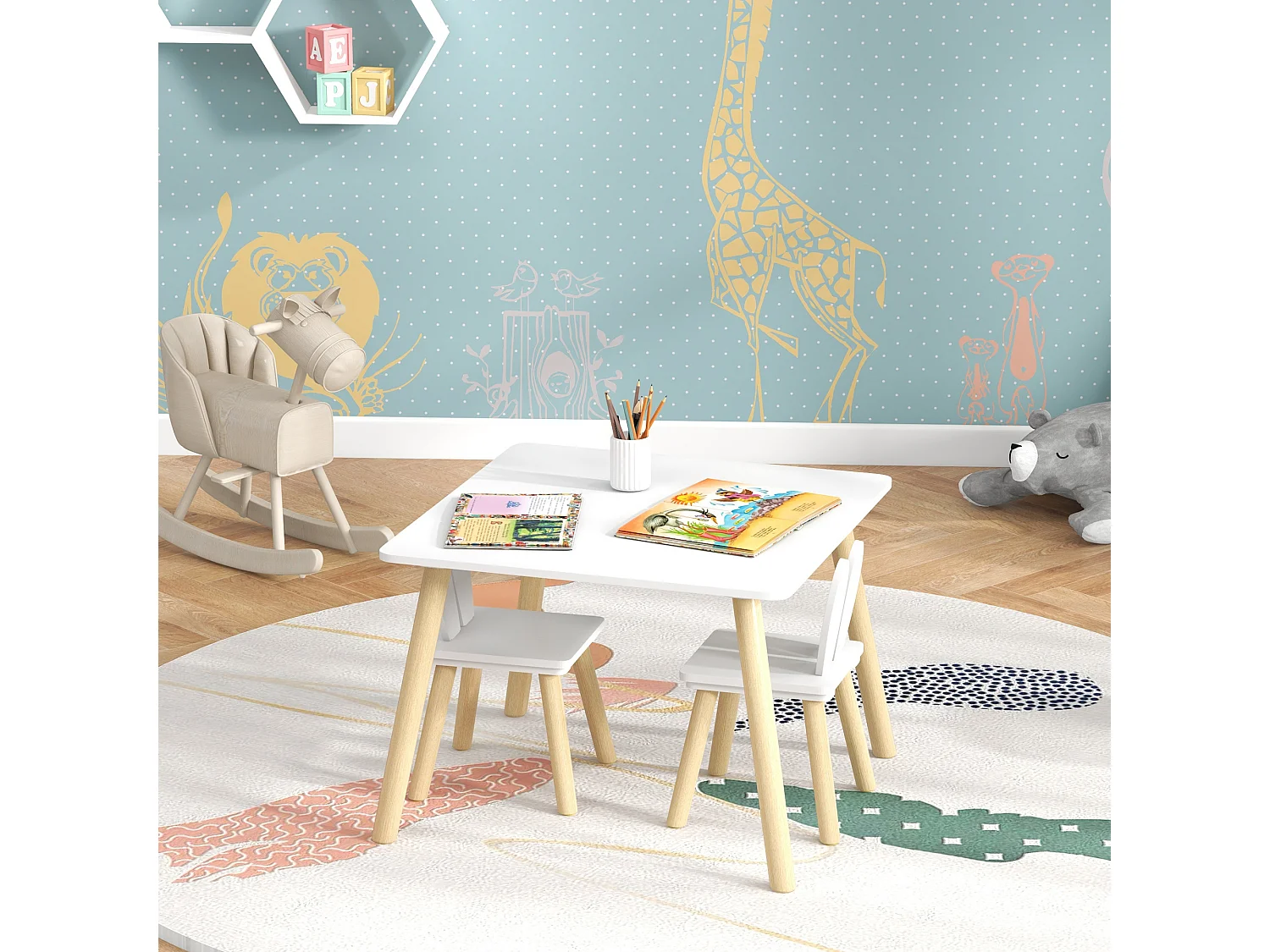 Ensemble table chaises enfant design lapin scandinave bois pin MDF blanc
