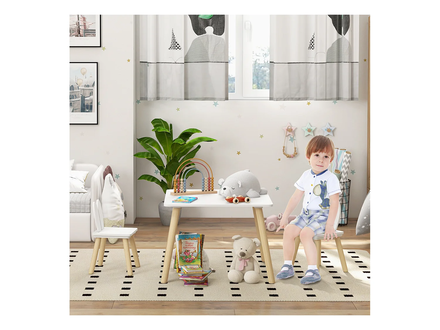 Ensemble table chaises enfant design lapin scandinave bois pin MDF blanc