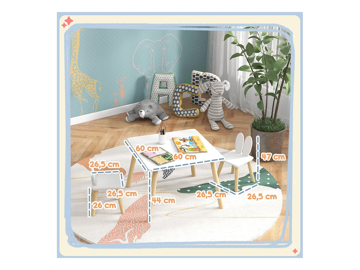 Ensemble table chaises enfant design lapin scandinave bois pin MDF blanc