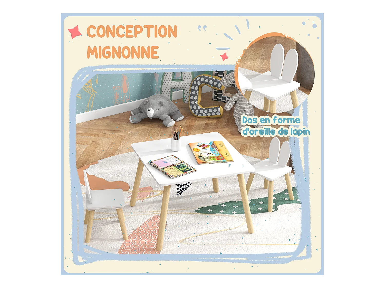 Ensemble table chaises enfant design lapin scandinave bois pin MDF blanc