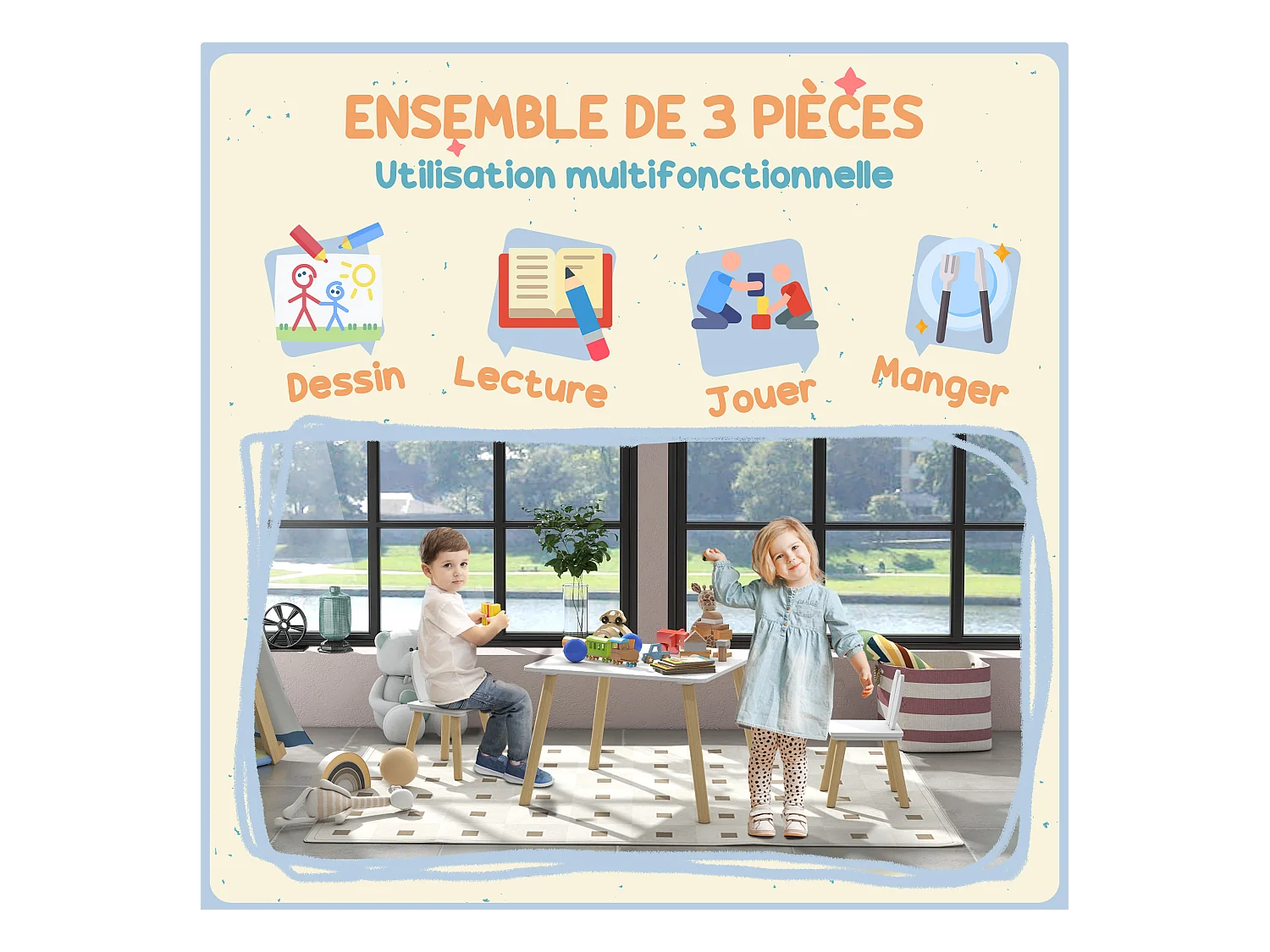 Ensemble table chaises enfant design lapin scandinave bois pin MDF blanc