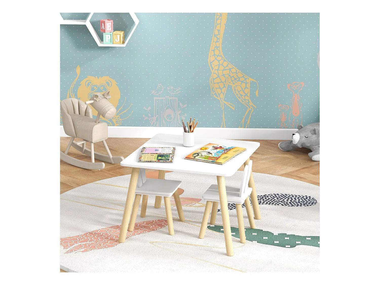 Ensemble table chaises enfant design lapin scandinave bois pin MDF blanc