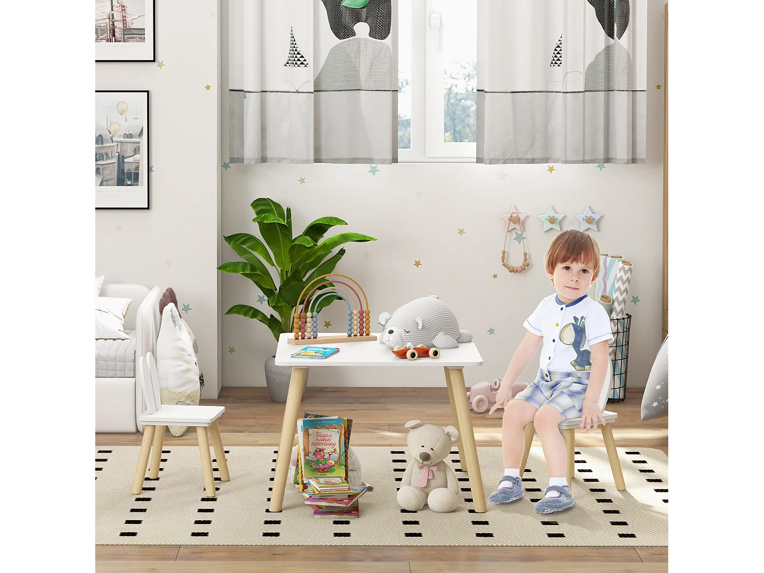 Ensemble table chaises enfant design lapin scandinave bois pin MDF blanc