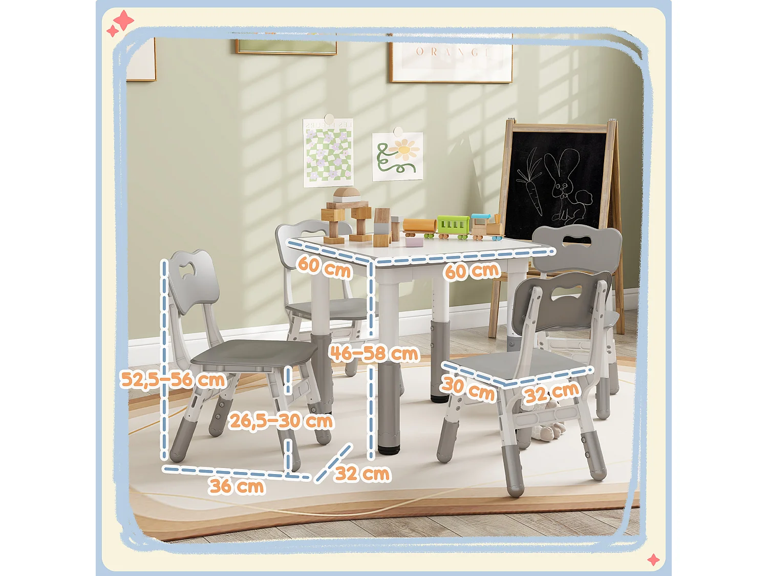 Ensemble table et chaises enfant - set de 5 pièces réglables en hauteur - MDF PP blanc gris