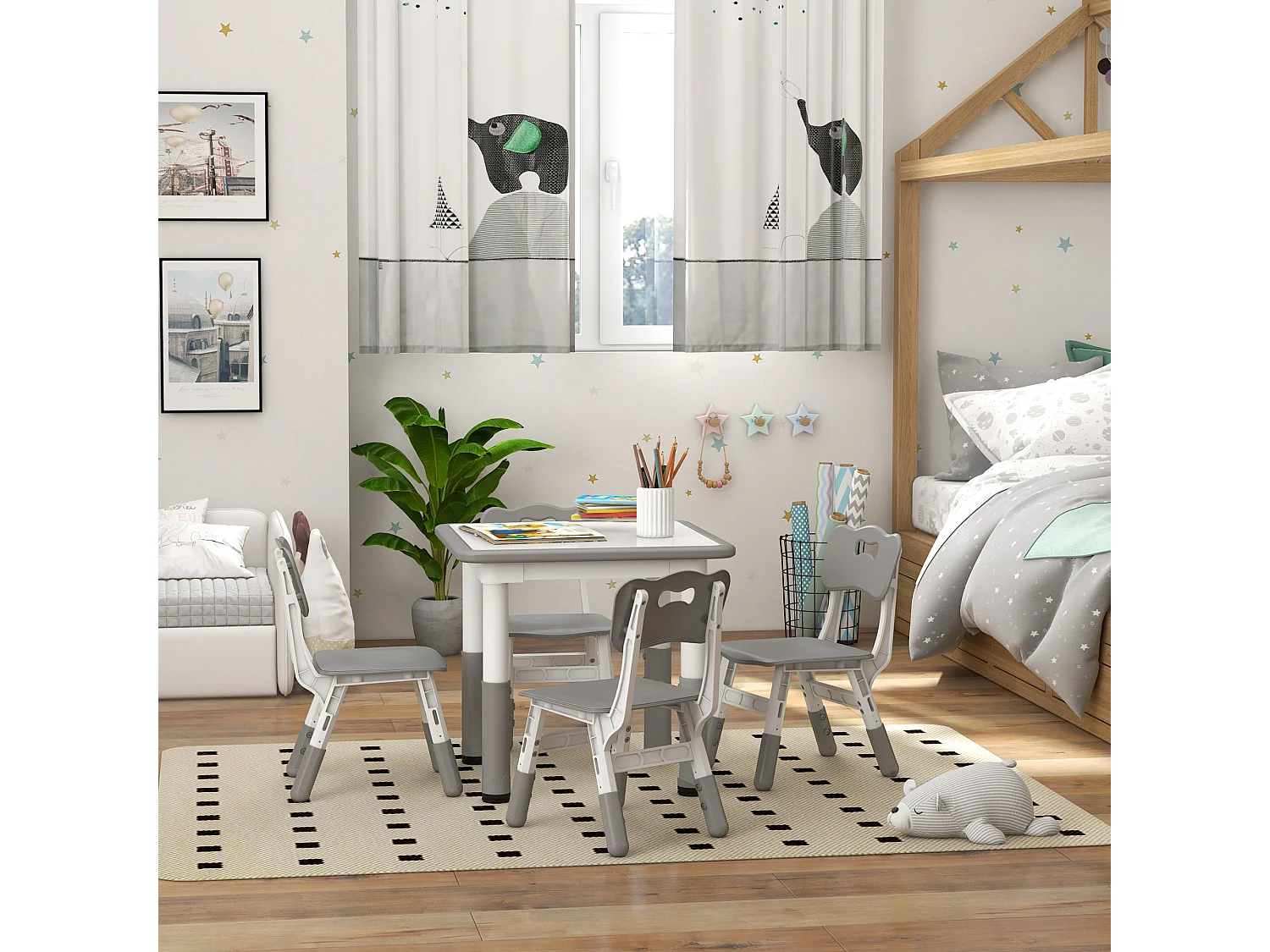 Ensemble table et chaises enfant - set de 5 pièces réglables en hauteur - MDF PP blanc gris