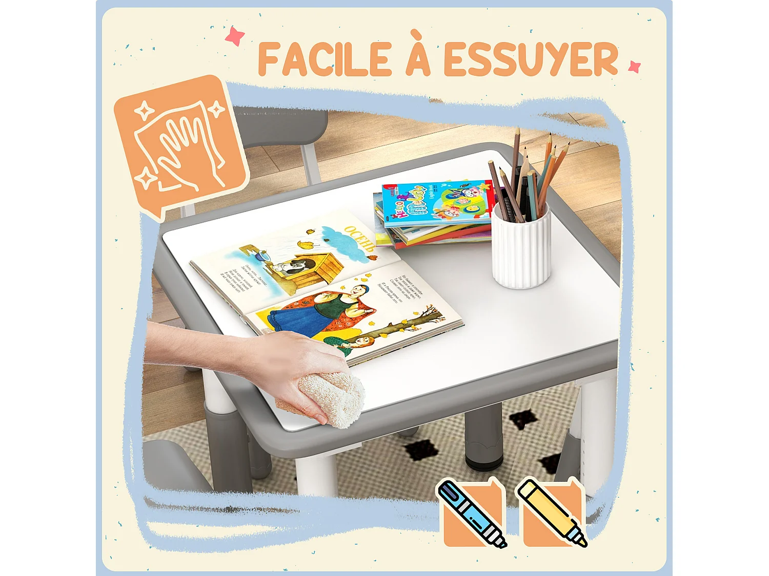 Ensemble table et chaises enfant - set de 5 pièces réglables en hauteur - MDF PP blanc gris