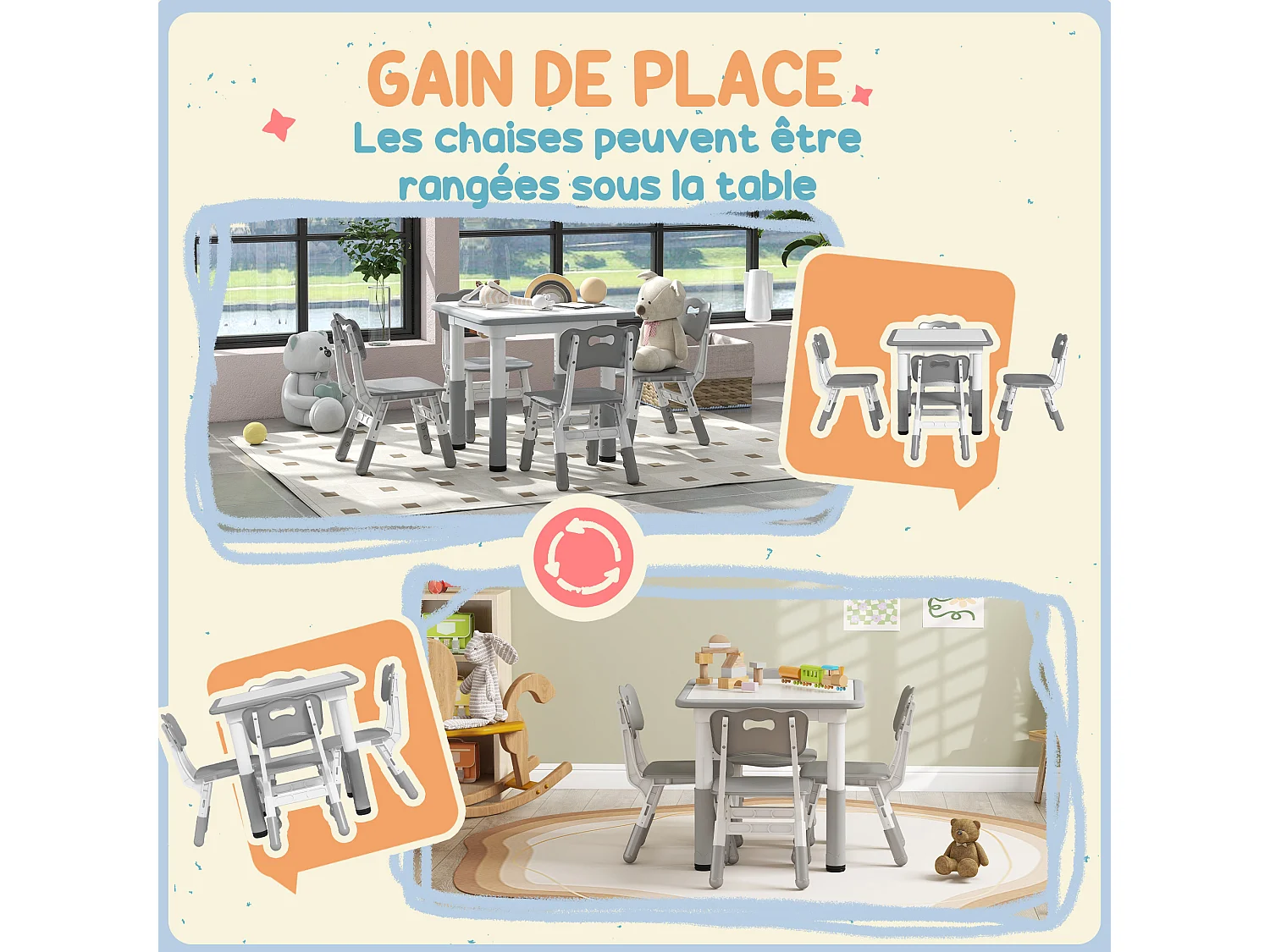 Ensemble table et chaises enfant - set de 5 pièces réglables en hauteur - MDF PP blanc gris
