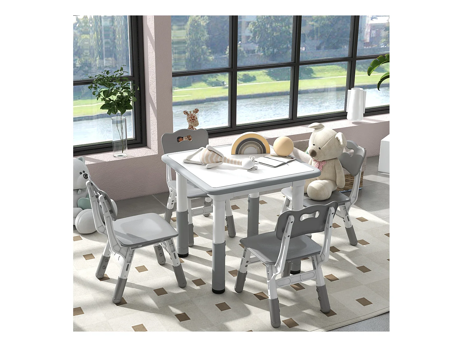 Ensemble table et chaises enfant - set de 5 pièces réglables en hauteur - MDF PP blanc gris