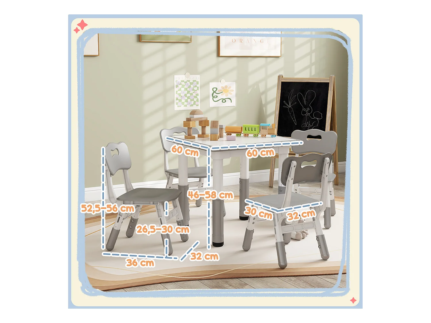 Ensemble table et chaises enfant - set de 5 pièces réglables en hauteur - MDF PP blanc gris