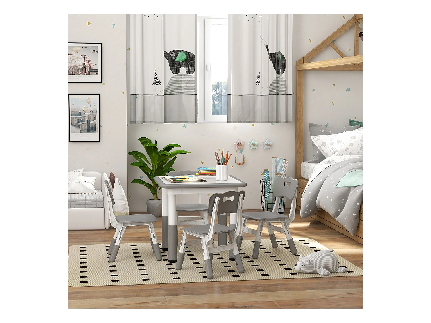 Ensemble table et chaises enfant - set de 5 pièces réglables en hauteur - MDF PP blanc gris