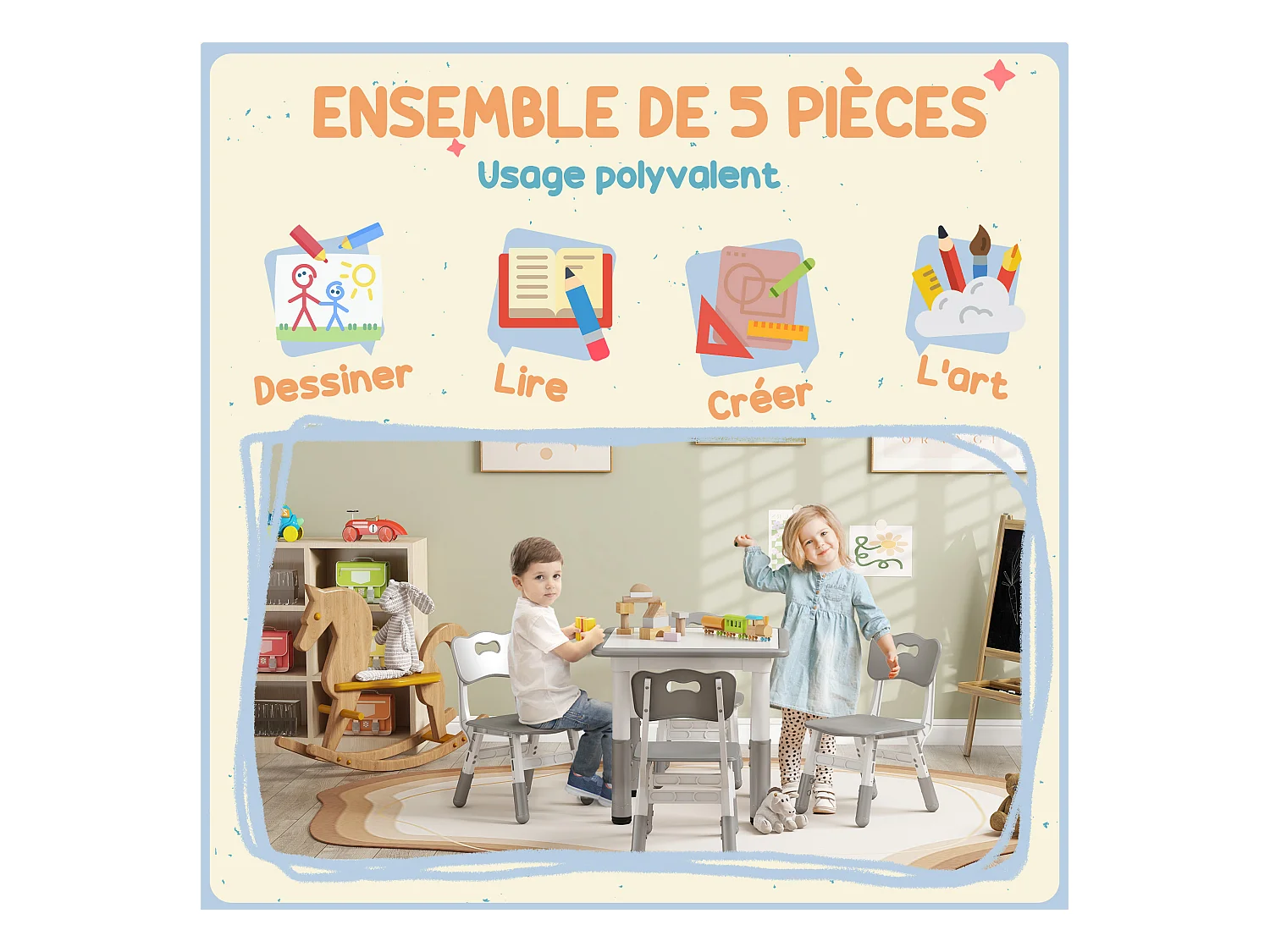 Ensemble table et chaises enfant - set de 5 pièces réglables en hauteur - MDF PP blanc gris