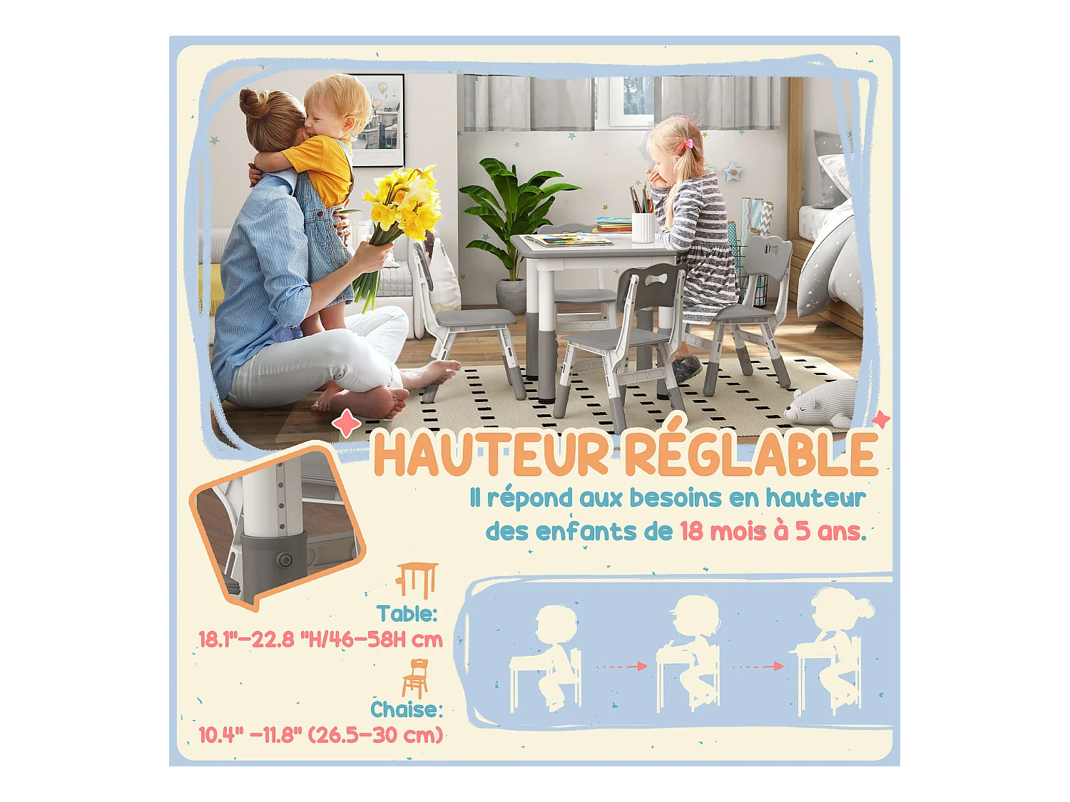 Ensemble table et chaises enfant - set de 5 pièces réglables en hauteur - MDF PP blanc gris