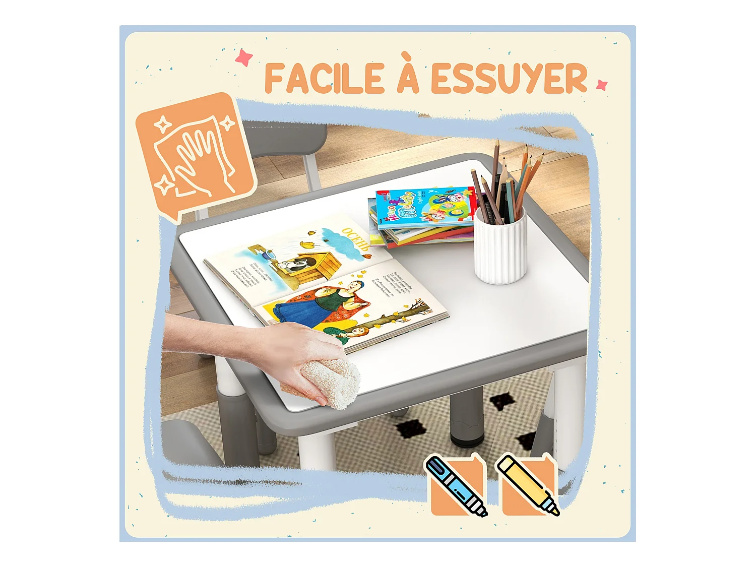 Ensemble table et chaises enfant - set de 5 pièces réglables en hauteur - MDF PP blanc gris