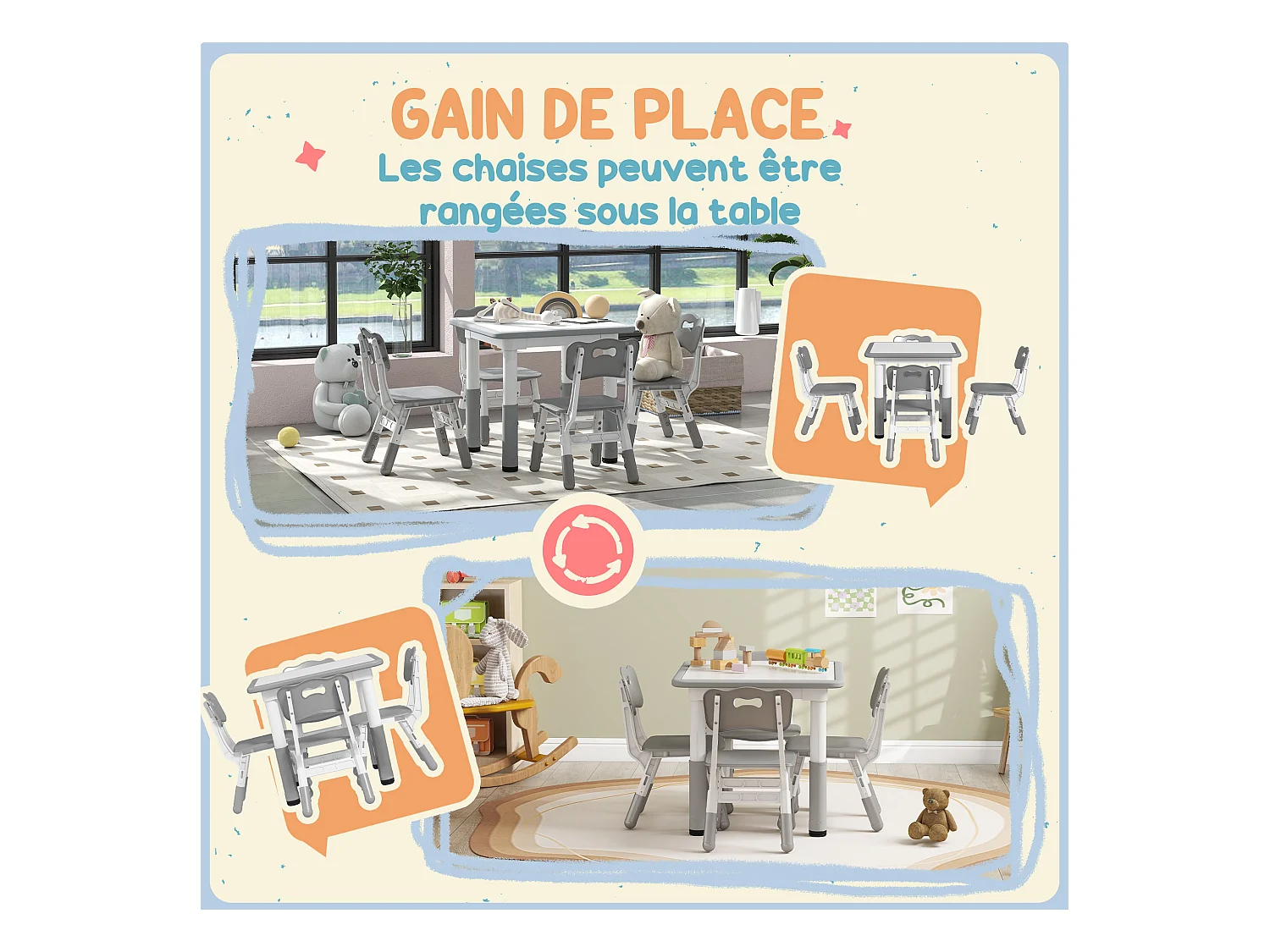 Ensemble table et chaises enfant - set de 5 pièces réglables en hauteur - MDF PP blanc gris