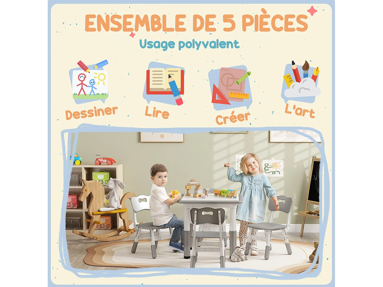 Ensemble table et chaises enfant - set de 5 pièces réglables en hauteur - MDF PP blanc gris