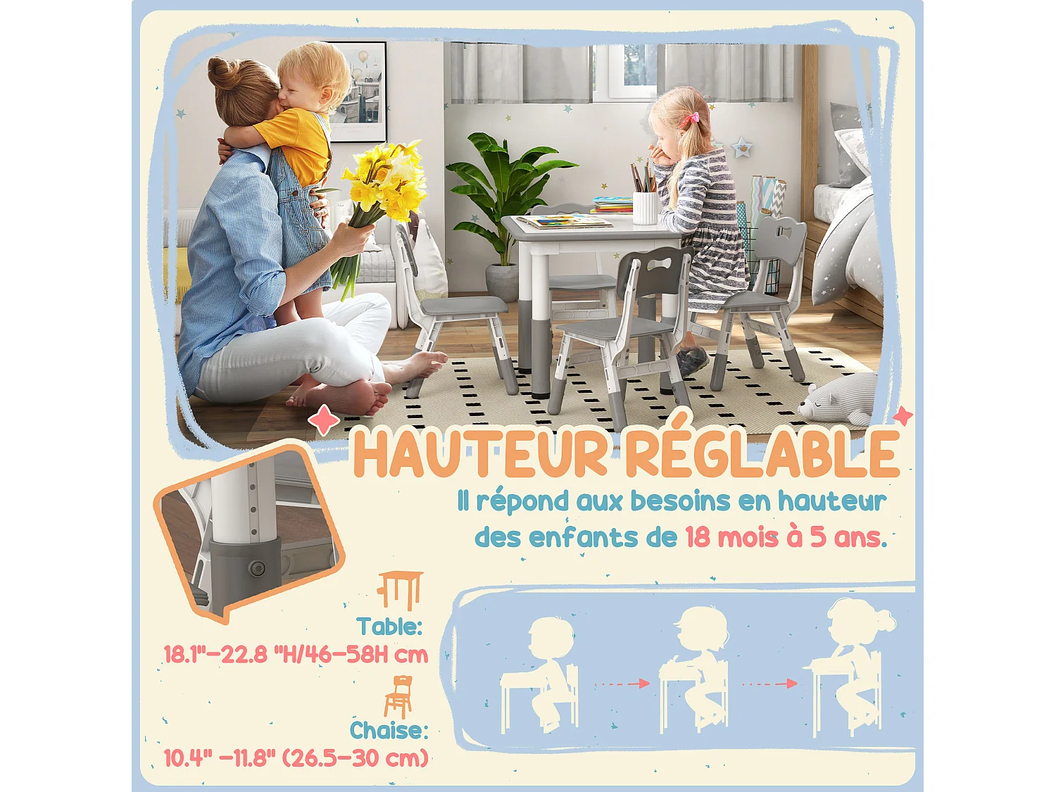 Ensemble table et chaises enfant - set de 5 pièces réglables en hauteur - MDF PP blanc gris