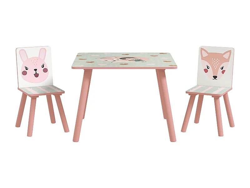 Ensemble table et chaises enfant motif renards lapin - table carrée + 2 chaises - bois pin MDF rose