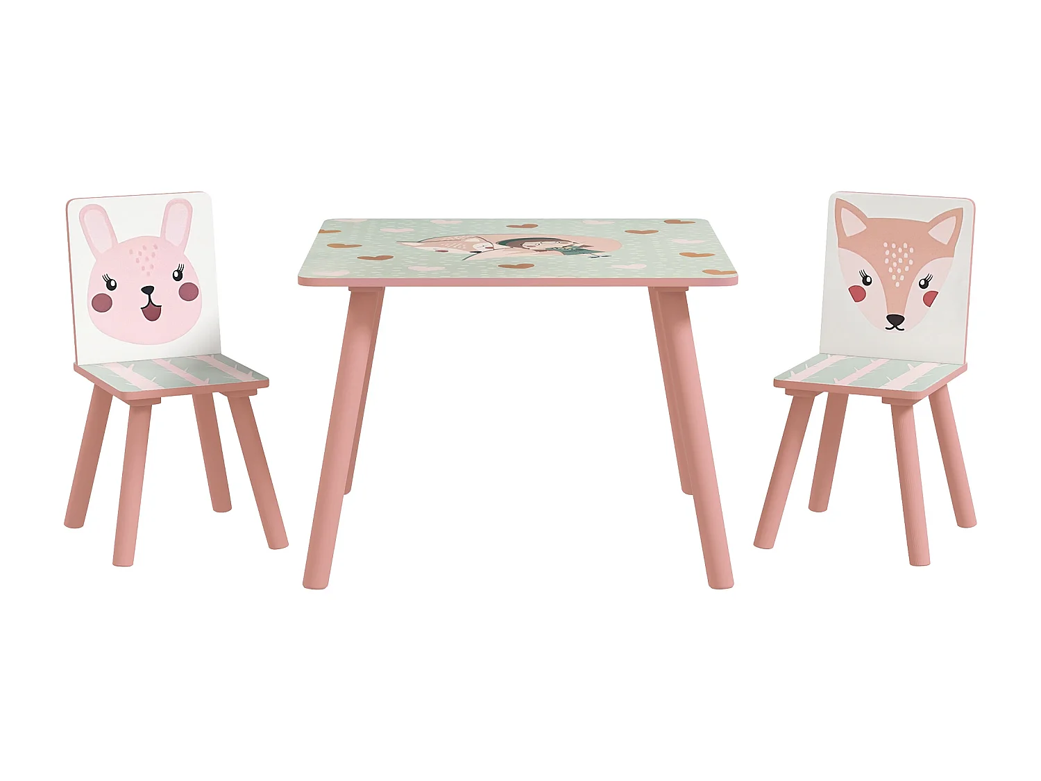 Ensemble table et chaises enfant motif renards lapin - table carrée + 2 chaises - bois pin MDF rose