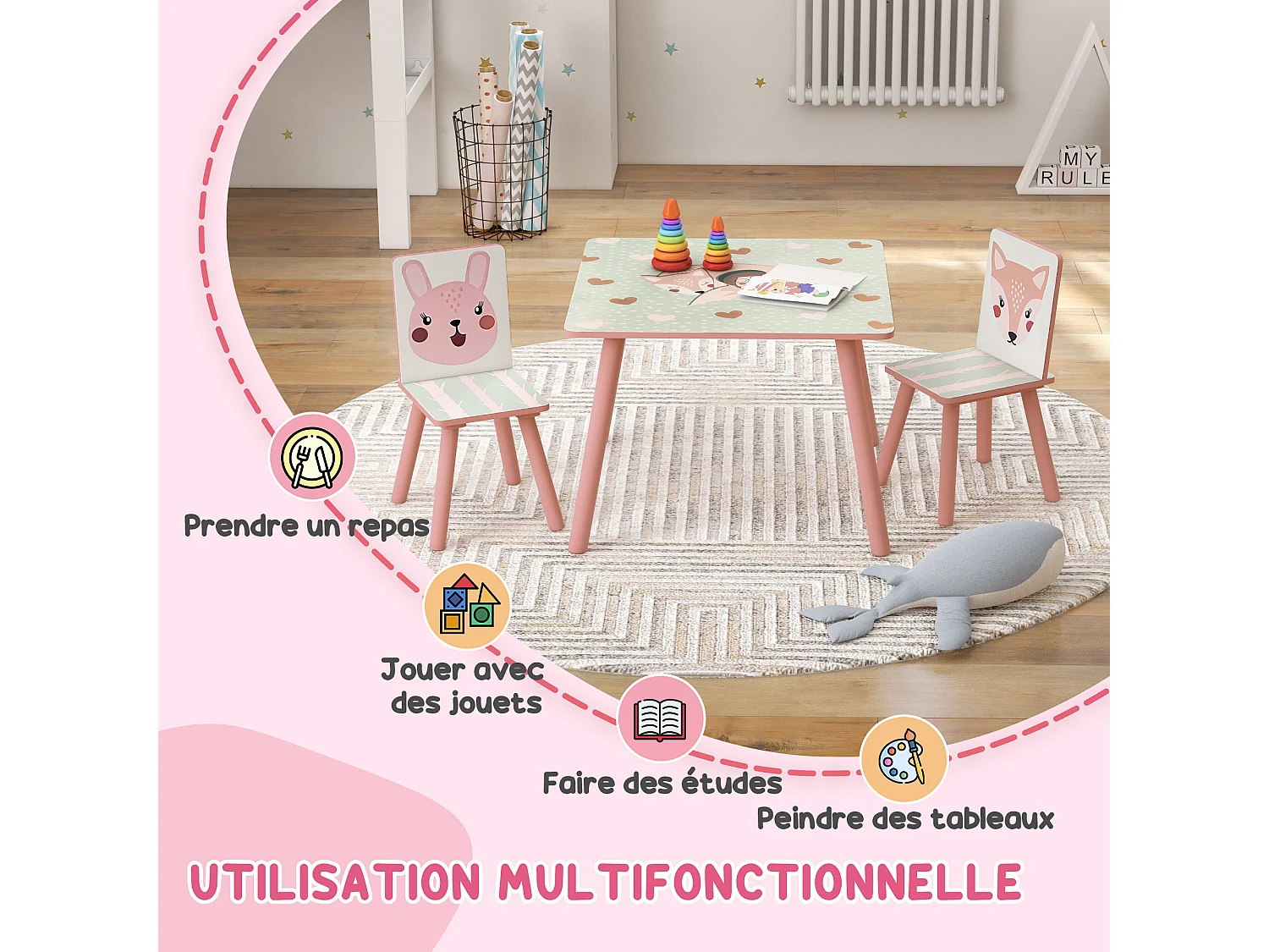 Ensemble table et chaises enfant motif renards lapin - table carrée + 2 chaises - bois pin MDF rose