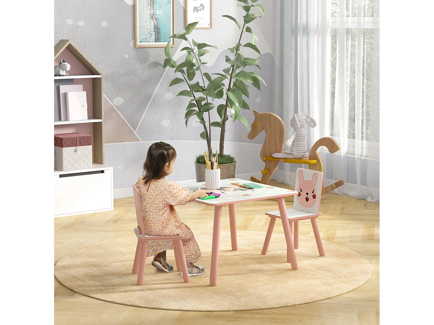 Ensemble table et chaises enfant motif renards lapin - table carrée + 2 chaises - bois pin MDF rose
