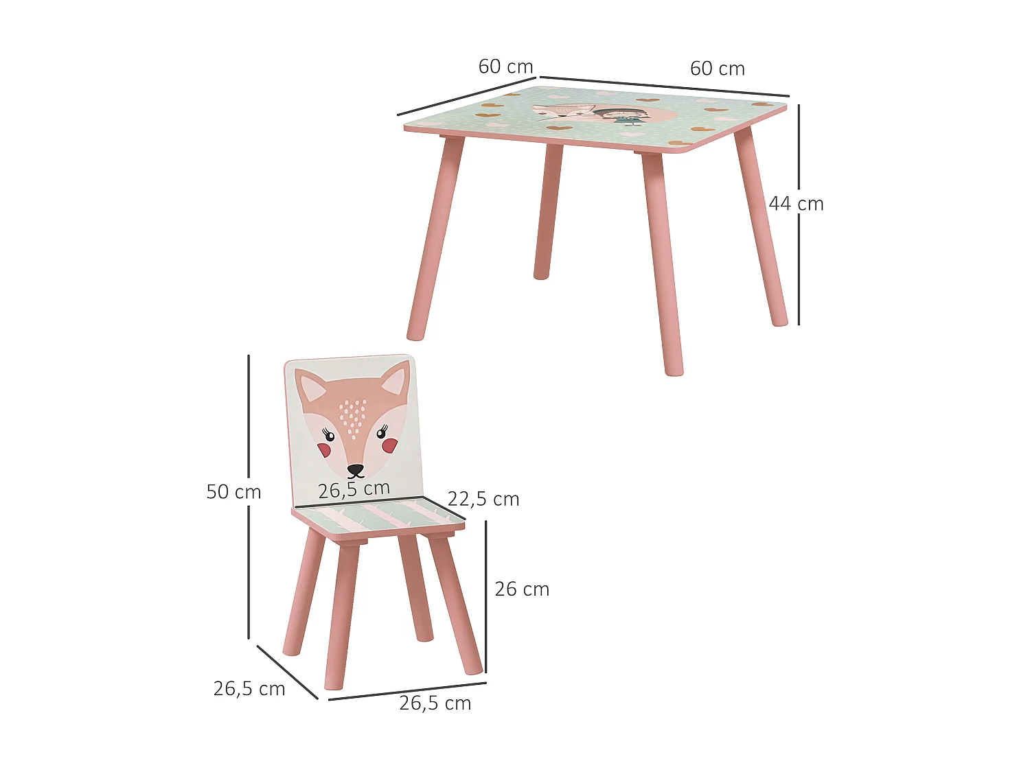 Ensemble table et chaises enfant motif renards lapin - table carrée + 2 chaises - bois pin MDF rose