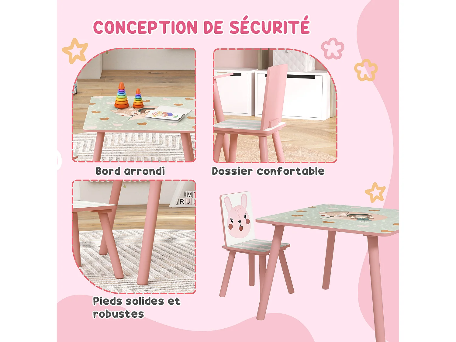 Ensemble table et chaises enfant motif renards lapin - table carrée + 2 chaises - bois pin MDF rose