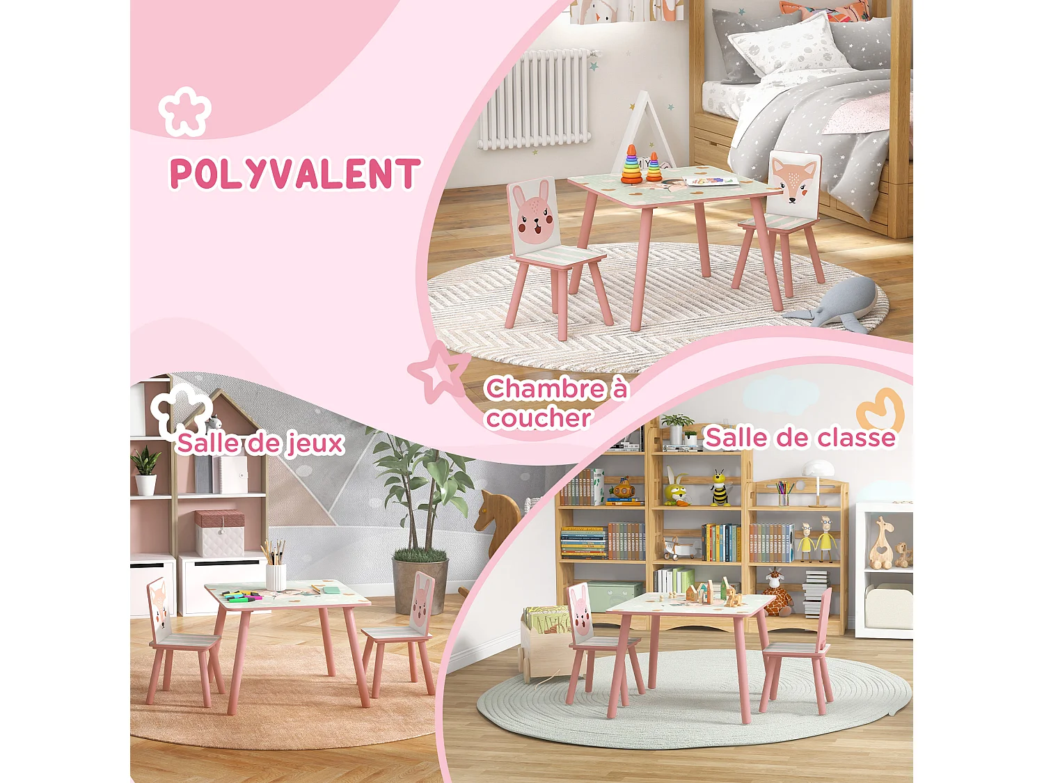 Ensemble table et chaises enfant motif renards lapin - table carrée + 2 chaises - bois pin MDF rose