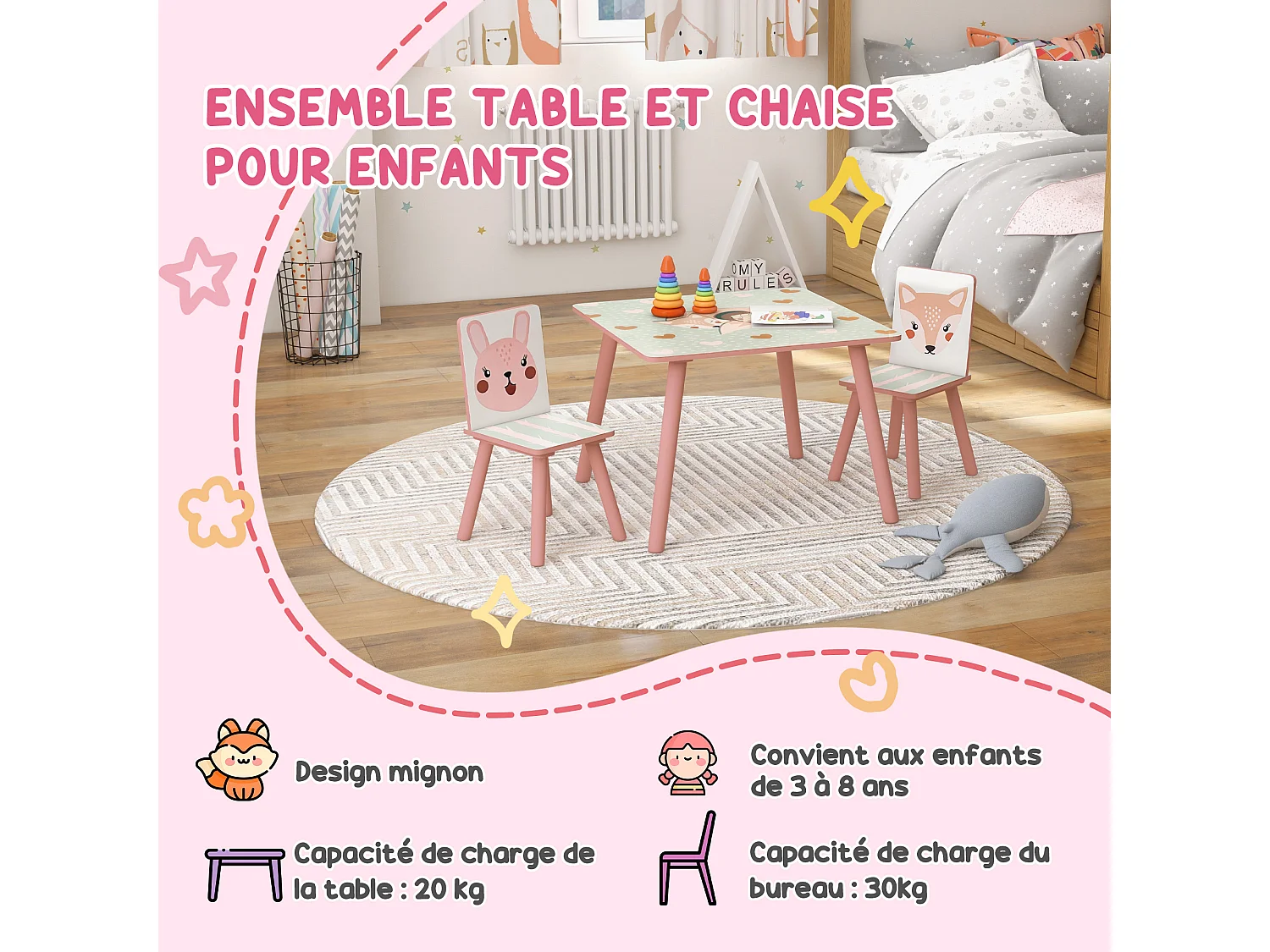 Ensemble table et chaises enfant motif renards lapin - table carrée + 2 chaises - bois pin MDF rose