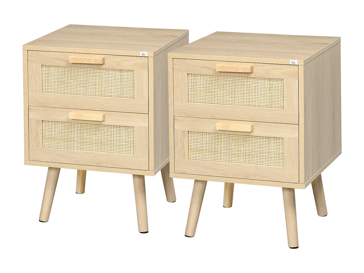 Lot de 2 tables de chevet 2 tiroirs chacune cannage rotin bois panneaux aspect bois clair