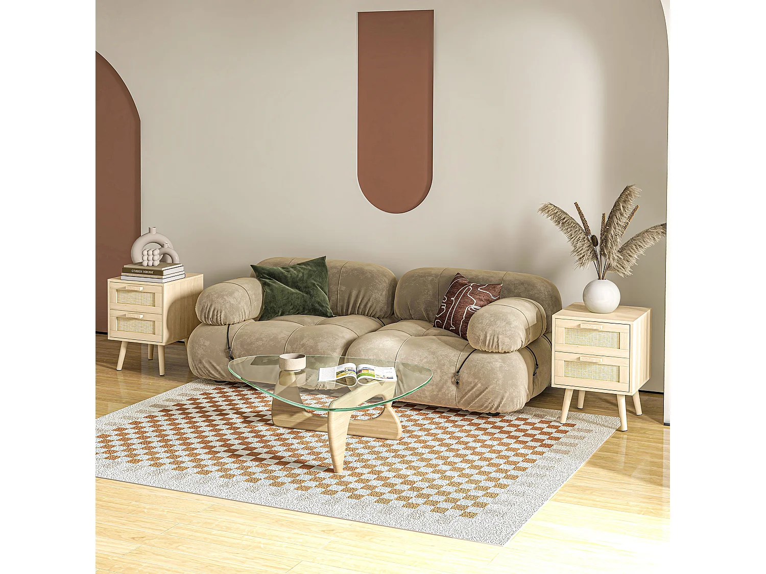 Lot de 2 tables de chevet 2 tiroirs chacune cannage rotin bois panneaux aspect bois clair