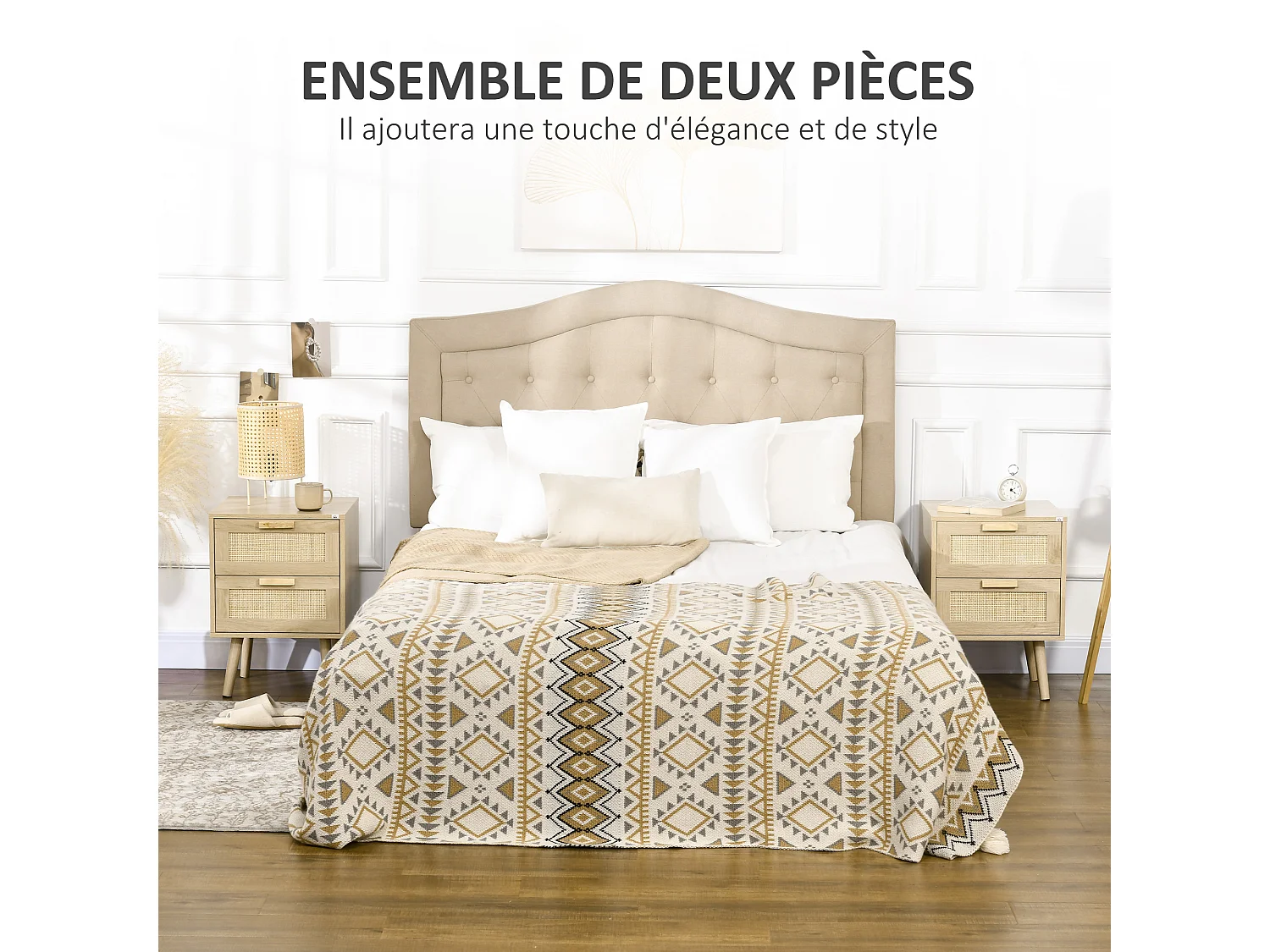 Lot de 2 tables de chevet 2 tiroirs chacune cannage rotin bois panneaux aspect bois clair