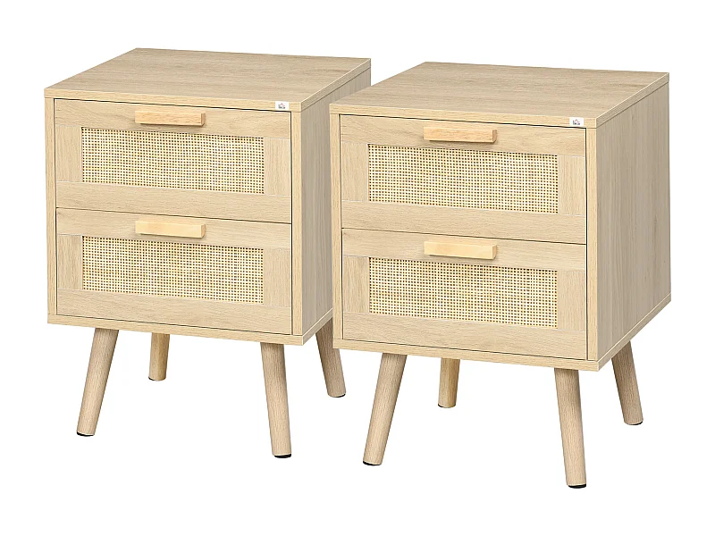 Lot de 2 tables de chevet 2 tiroirs chacune cannage rotin bois panneaux aspect bois clair