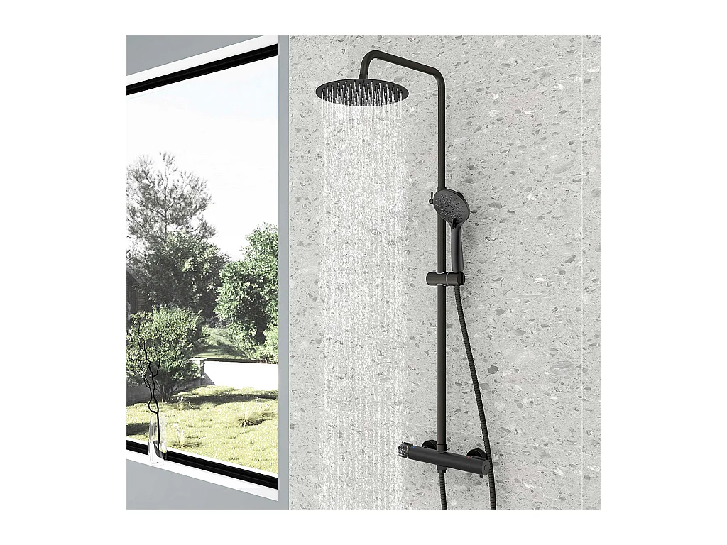 Colonne doccia termostatiche con soffione rotondo 25cm in acciaio inox e altezza regolabile 76-120cm, nero
