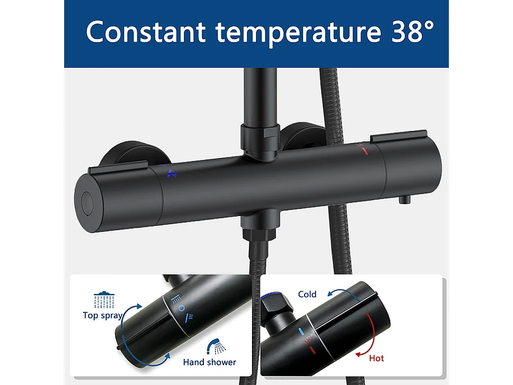 Colonne doccia termostatiche con soffione rotondo 25cm in acciaio inox e altezza regolabile 76-120cm, nero