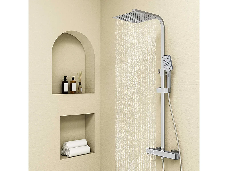 Colonne doccia termostatiche con soffione quadrato 25x25cm in acciaio inox e doccetta a 3 getti, cromato