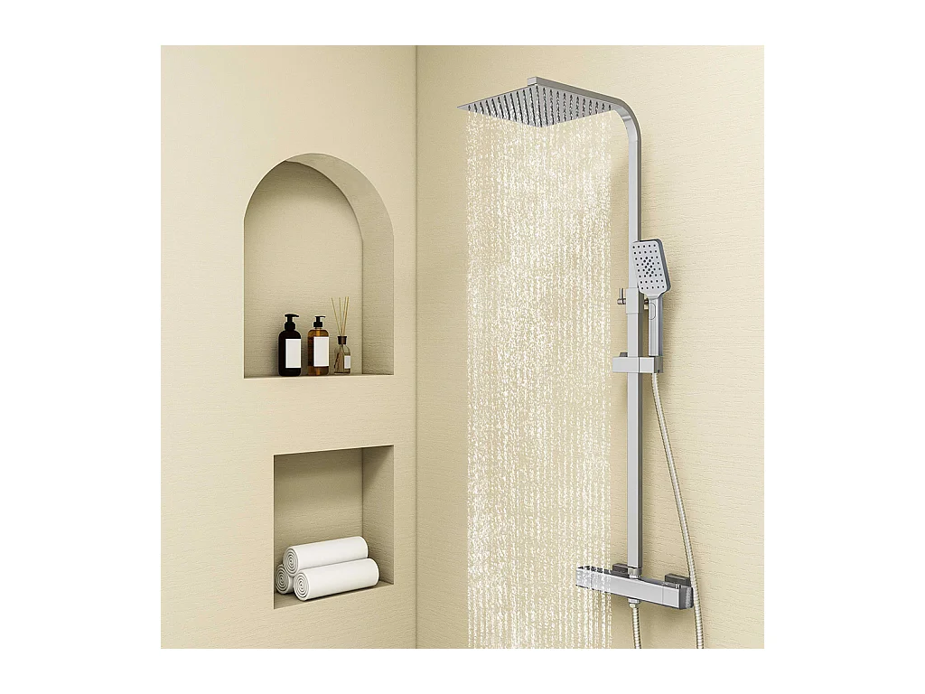 Colonne doccia termostatiche con soffione quadrato 25x25cm in acciaio inox e doccetta a 3 getti, cromato