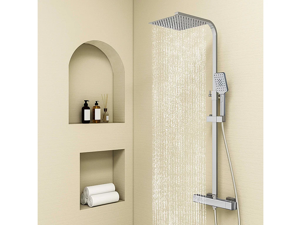 Colonne doccia termostatiche con soffione quadrato 25x25cm in acciaio inox e doccetta a 3 getti, cromato