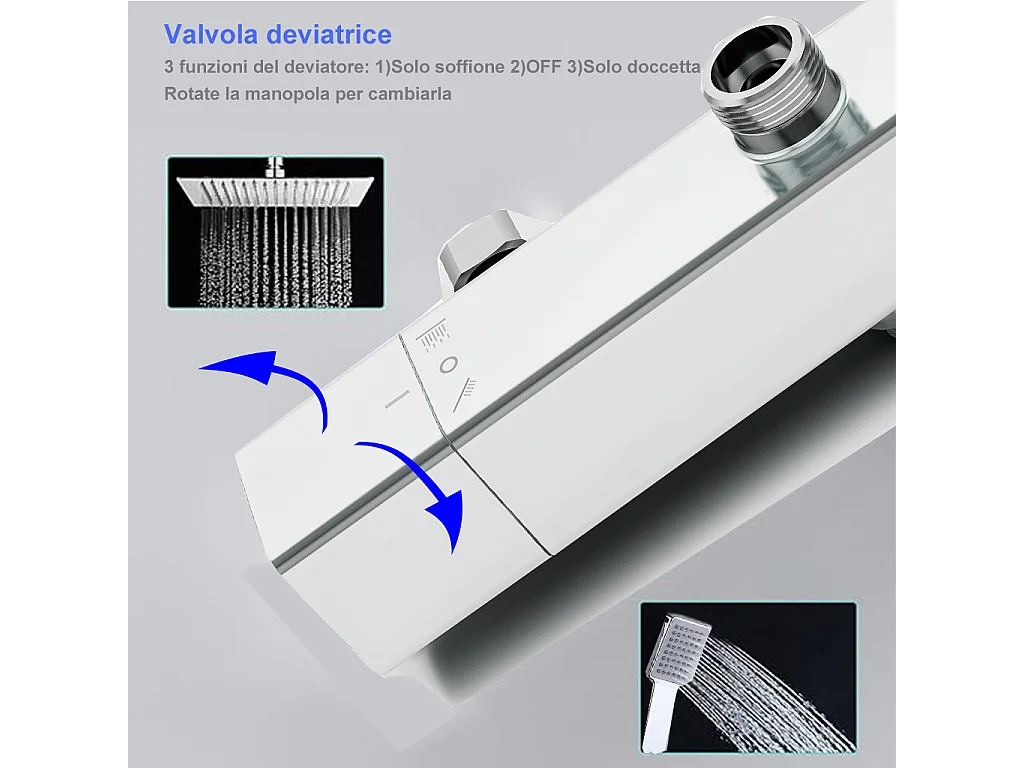 Colonne doccia termostatiche con soffione quadrato 25x25cm in acciaio inox e doccetta a 3 getti, cromato