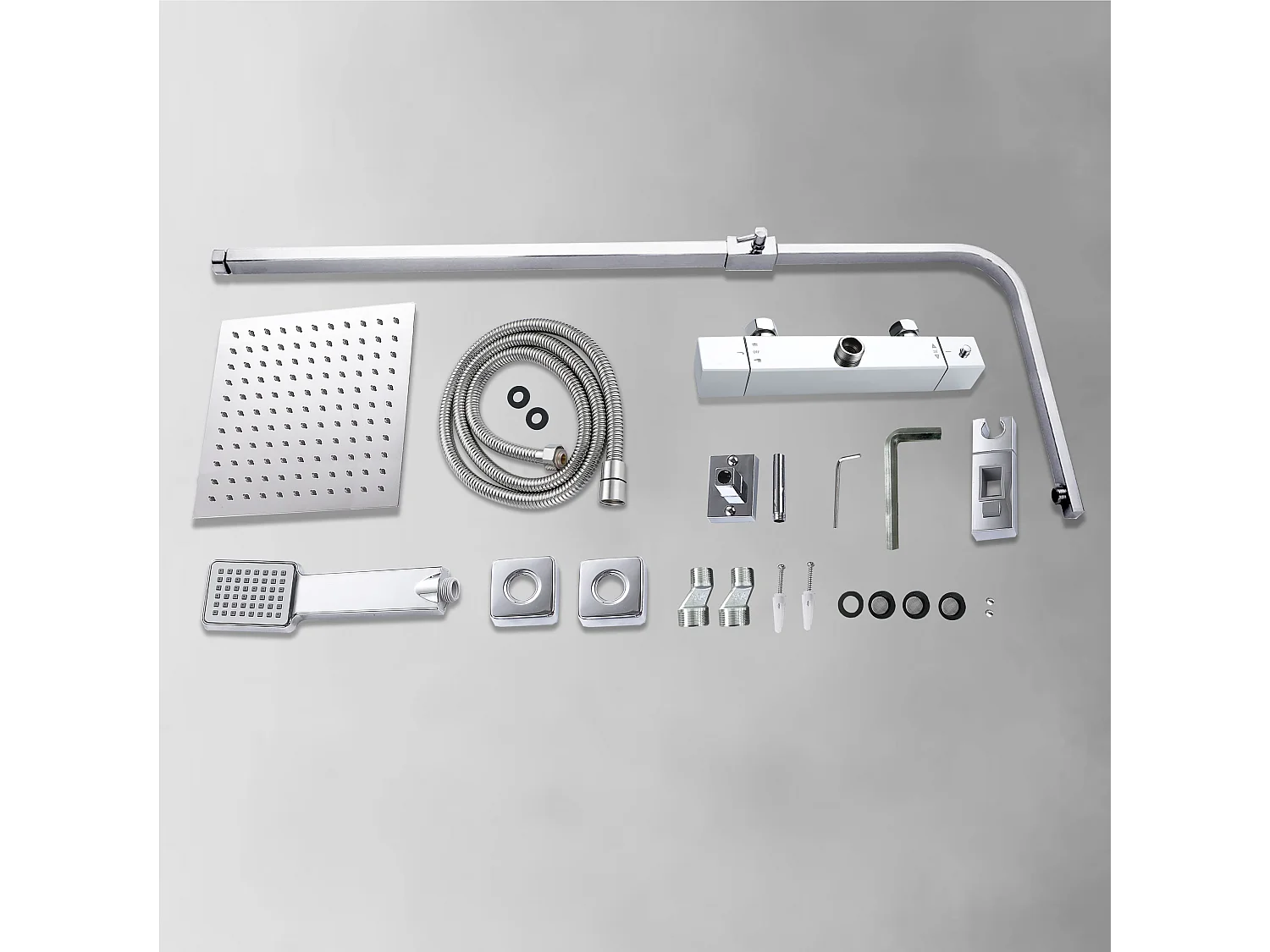 Colonne doccia termostatiche con soffione quadrato 25x25cm in acciaio inox e altezza regolabile 76-118cm, cromato