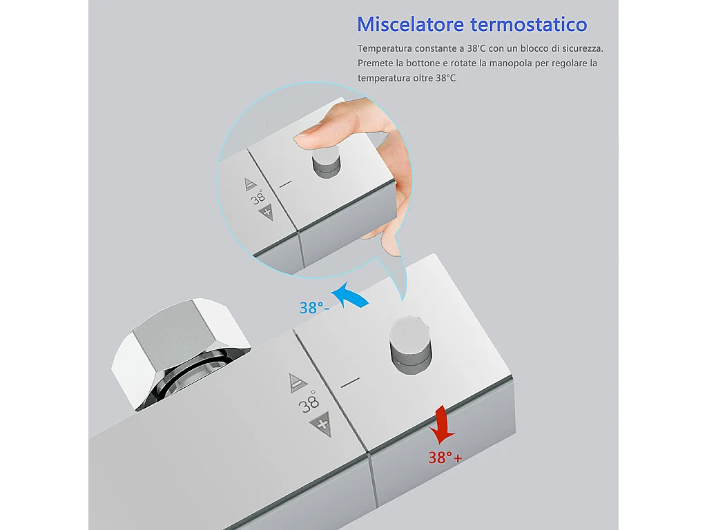 Colonne doccia termostatiche con soffione quadrato 25x25cm in acciaio inox e altezza regolabile 76-118cm, cromato