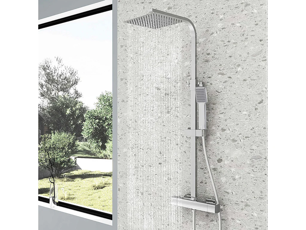 Colonne doccia termostatiche con soffione quadrato 25x25cm in acciaio inox e altezza regolabile 76-118cm, cromato