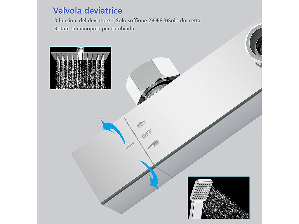 Colonne doccia termostatiche con soffione quadrato 25x25cm in acciaio inox e altezza regolabile 76-118cm, cromato